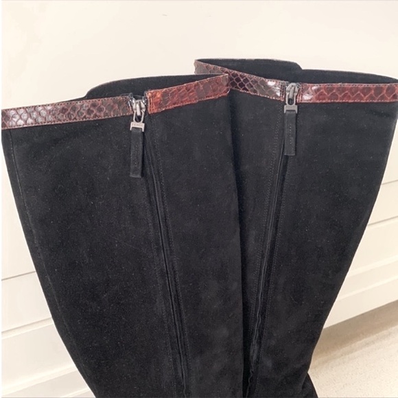 Fendi Black Suede Knee High Boots Brown Lizard Trim Platform High Heel 40 - Picture 5 of 10